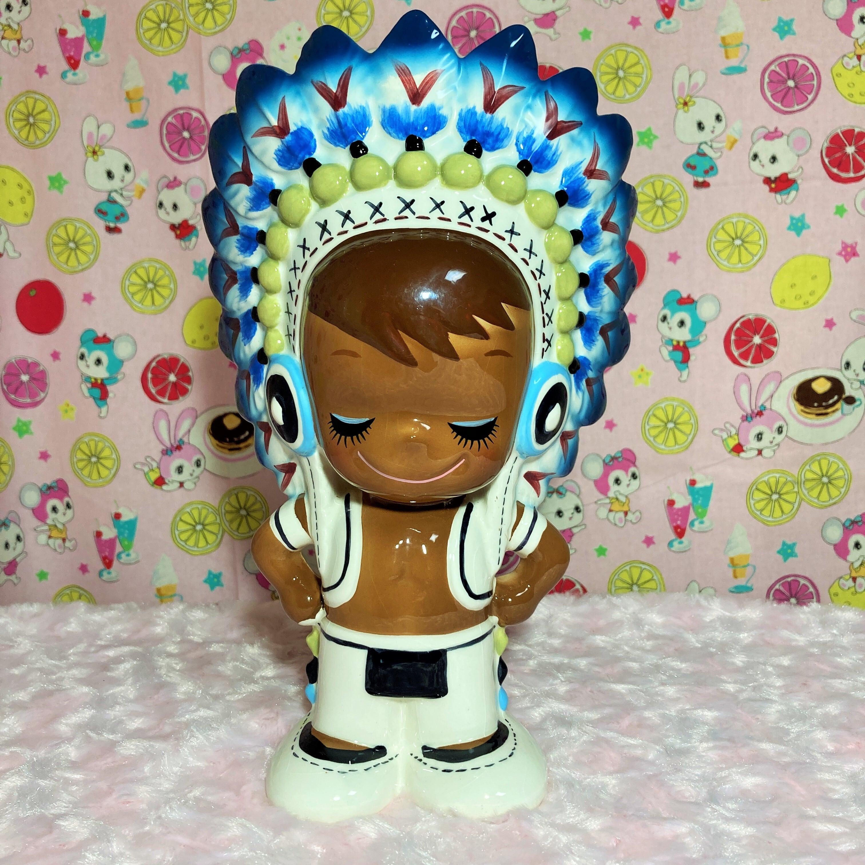 内藤ルネ 陶器 インディアン 青 貯金箱 RUNE 人形 雑貨 昭和レトロ