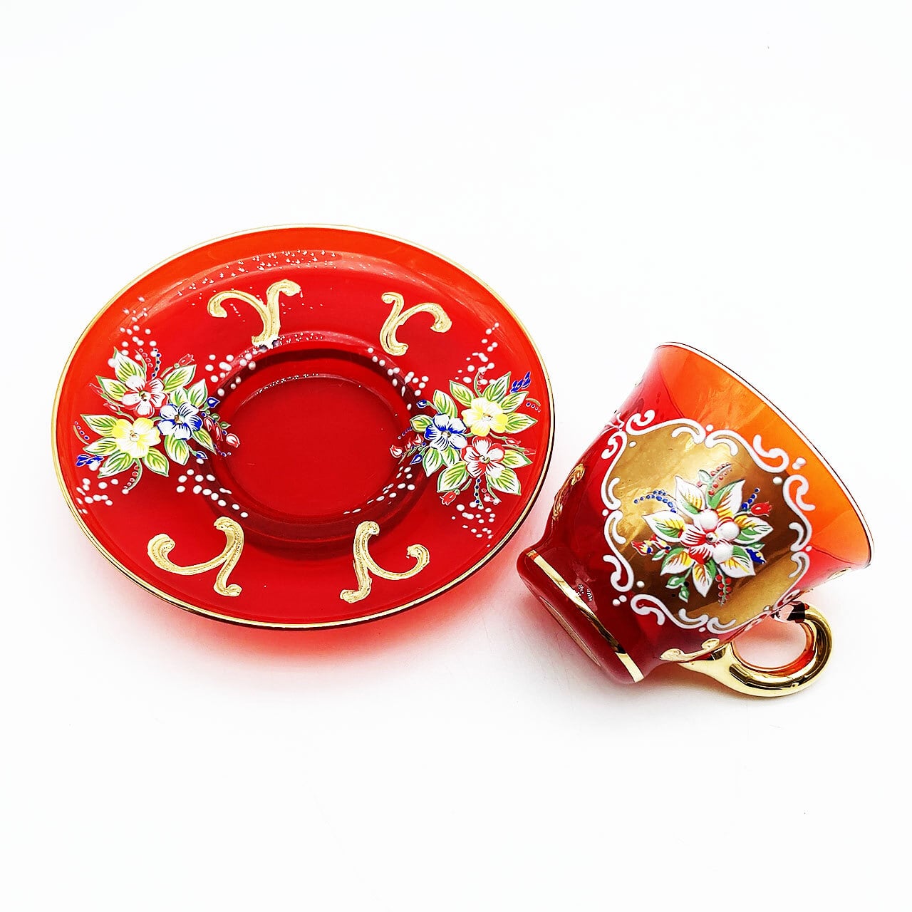 ベネチアングラス ムラノ イタリア カップ＆ソーサー レッド 金彩 花紋