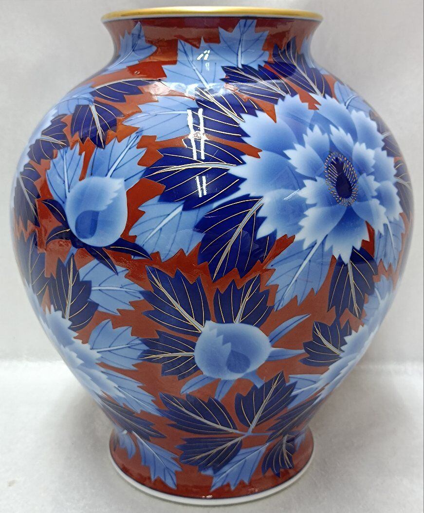 オールド香蘭社 レア陶印ロゴ金線 木蓮紋染付赤瑠璃金彩花瓶・飾り壺