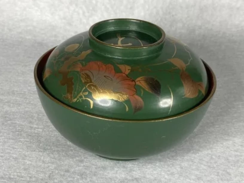 緑吸物碗 青地 盃 蒔絵 大根 カブ 8ケ 傷 欠け スレ 明治頃 希少 漆器