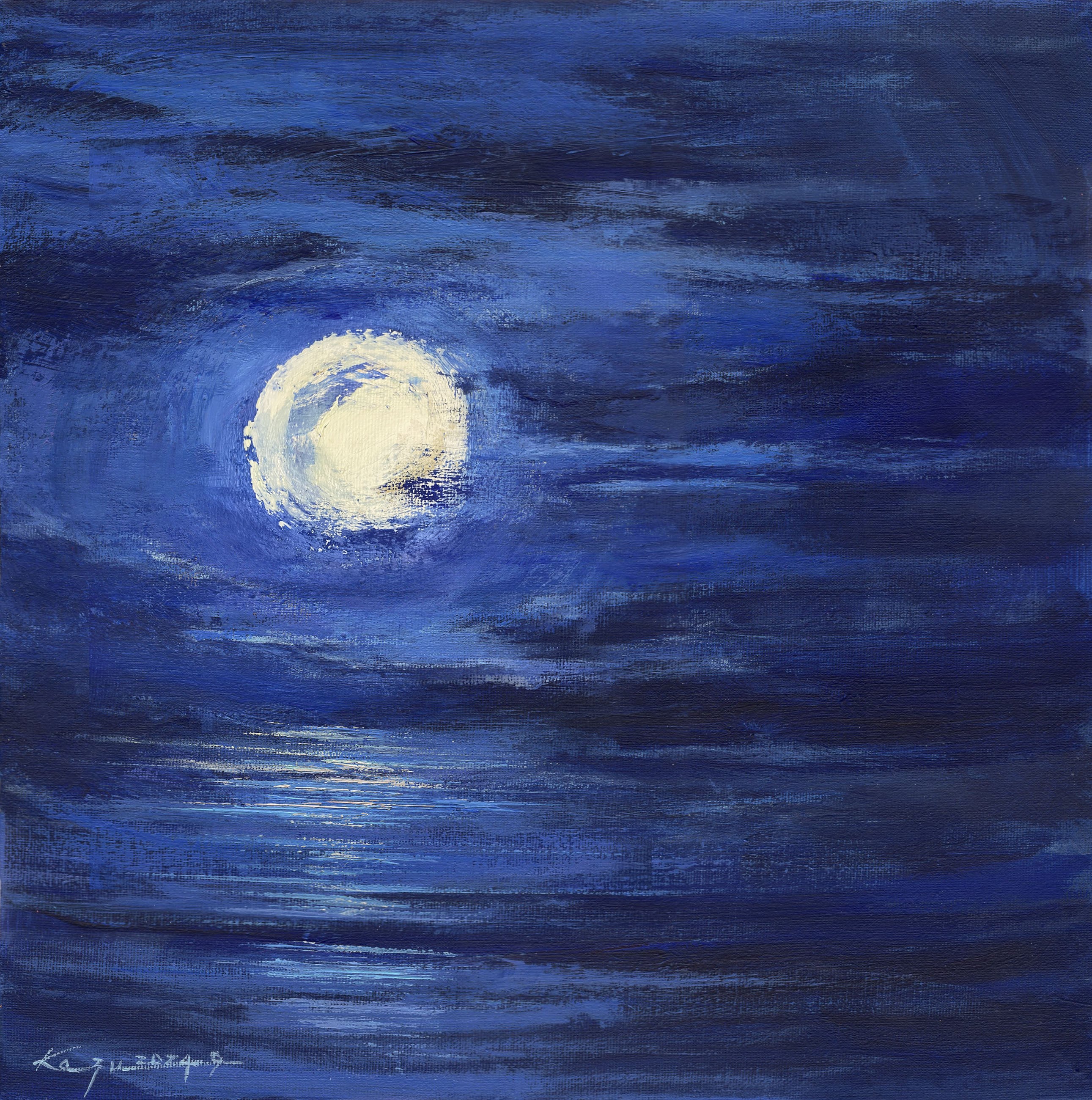 ぷ*あ様 【夜空を眺めて】アクリル画 F3 風景画 絵画 ヴィンテージ月明かり