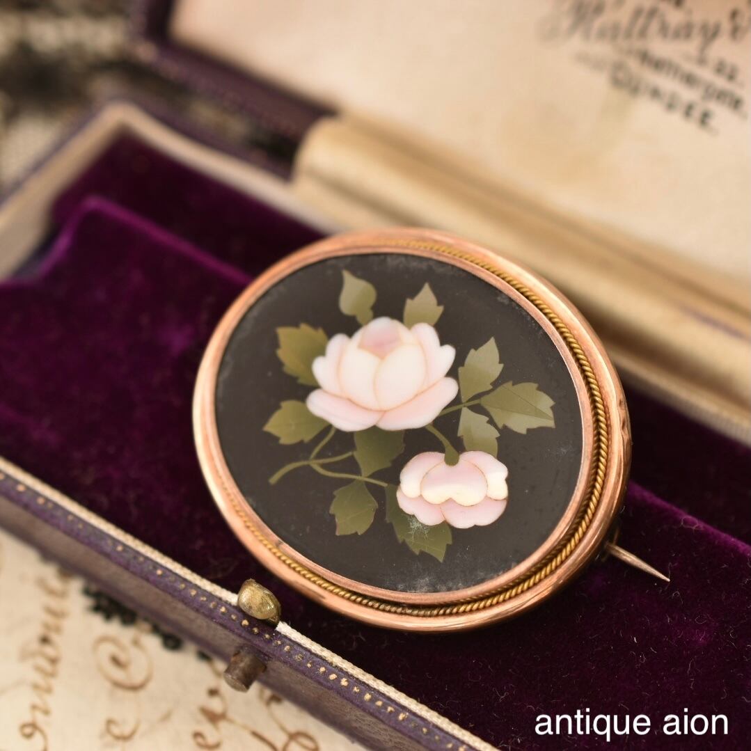 英国アンティーク 19世紀後期 9ctゴールド 天然石象嵌 ピエトラ