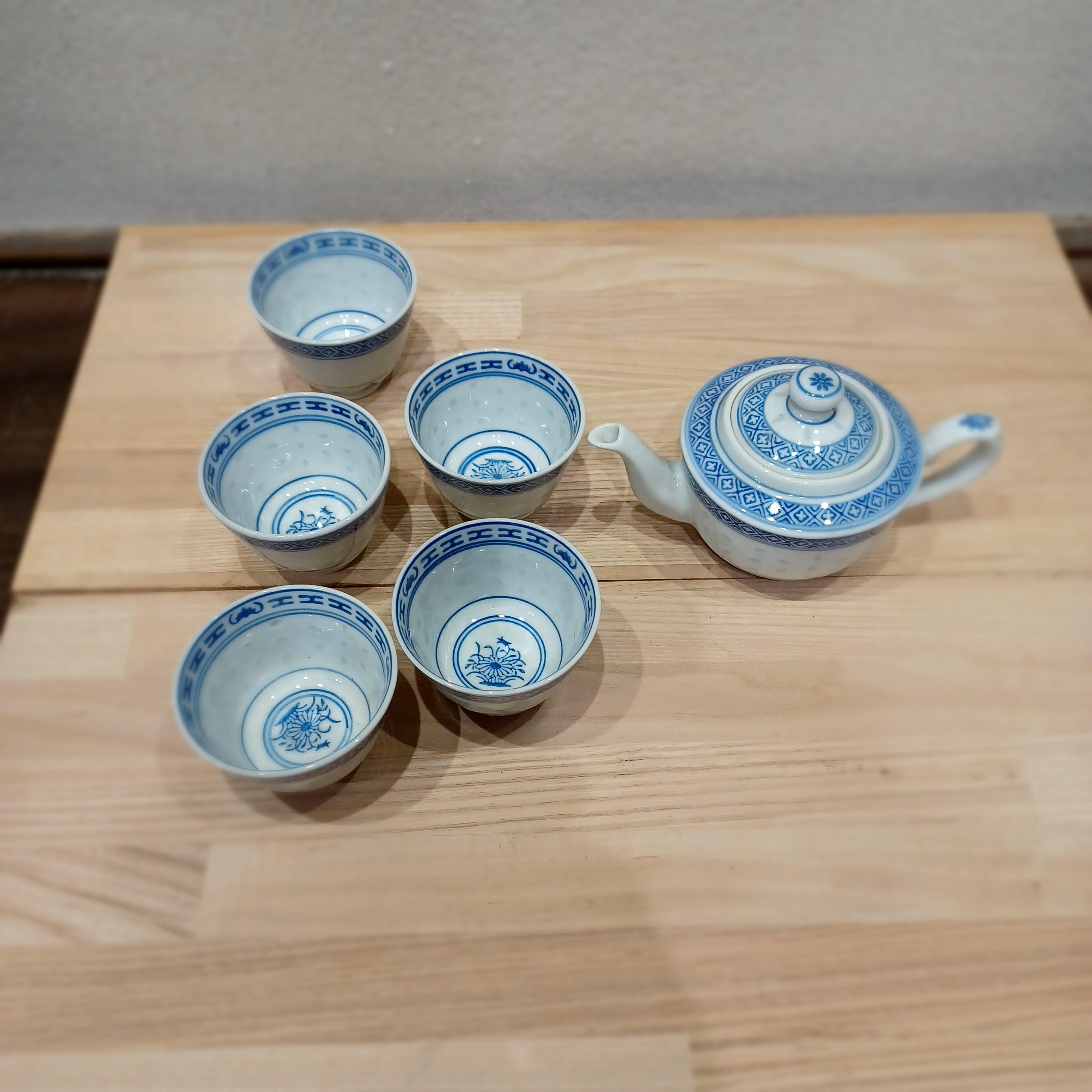 景徳鎮・ヴィンテージ】蛍手透かし煎茶碗＆ティーポット 5点セット｜青