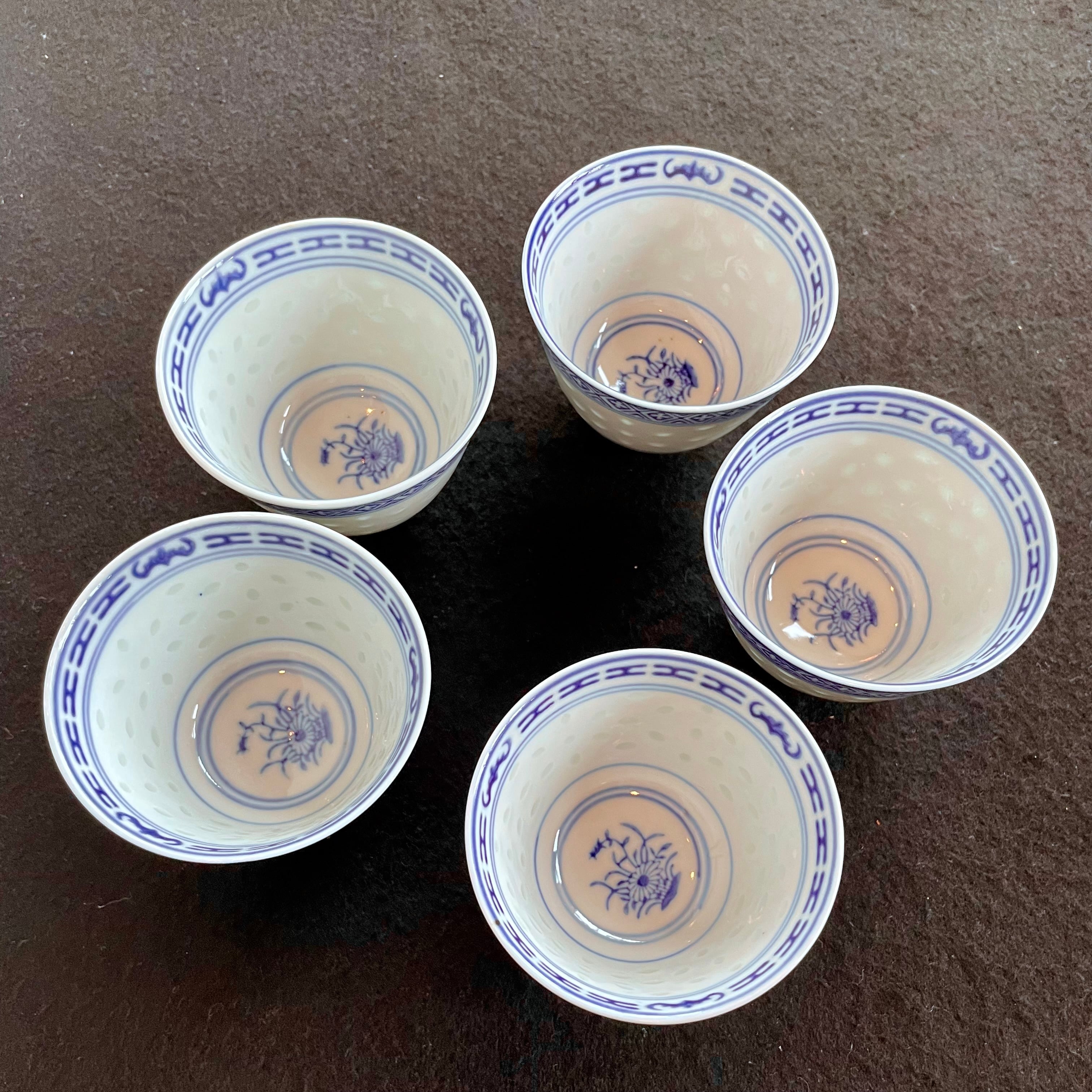 China Vintage 景徳鎮 中国 茶器 青花 玲瓏 湯呑 5客揃 ホタル 蛍焼