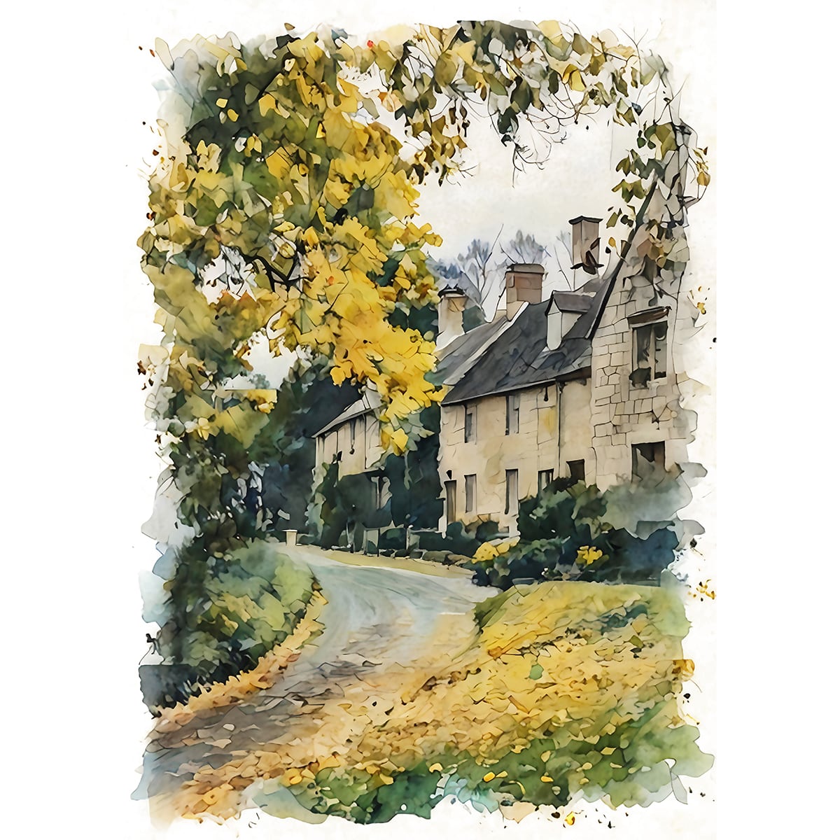 古風な街灯の立つ街並み」水彩画・風景画・イギリス・コッツウォルズ