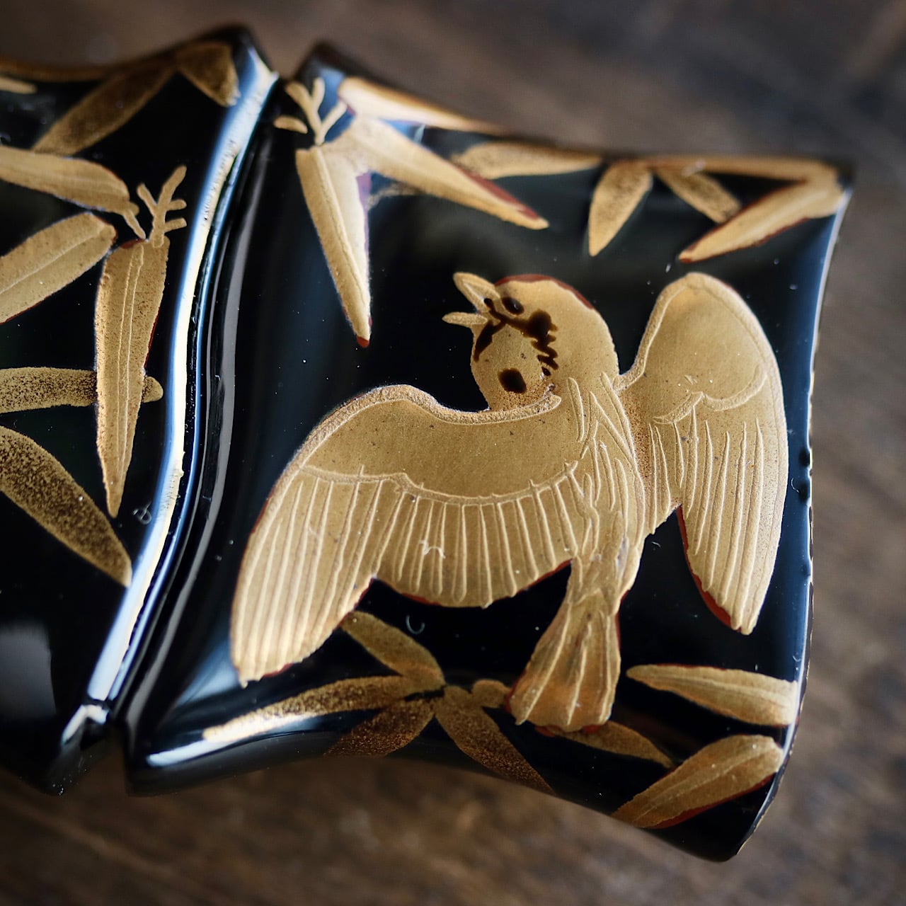 本べっ甲 螺鈿 蒔絵 竹 雀 アンティーク帯留 K18ブローチ | 結antiques