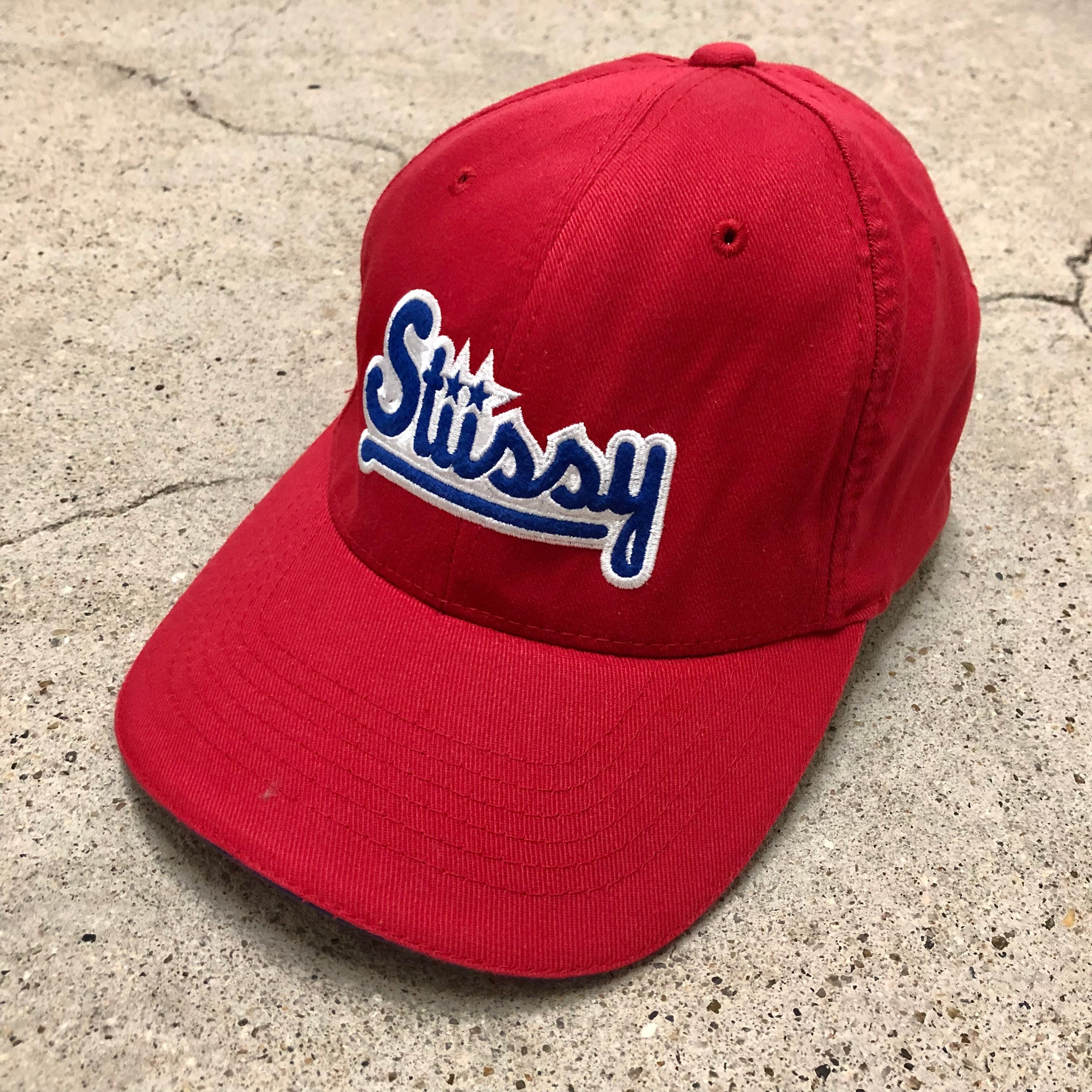 90s OLD STUSSY/Logo Cap/紺タグ/S-M/ロゴキャップ/レッド