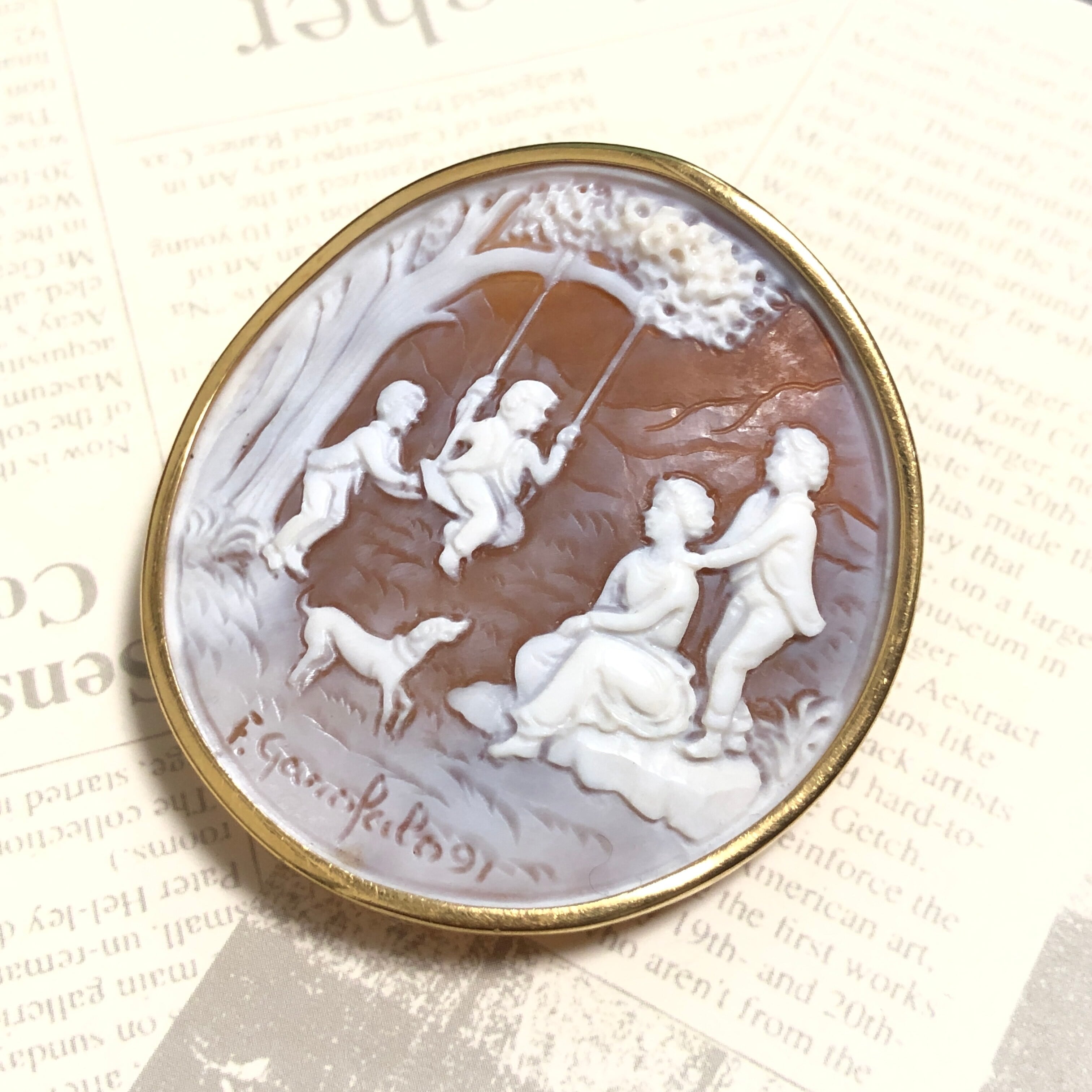 松坂屋K18 カメオシェルダイヤモンドデザイナー作品ブローチ＆トップ