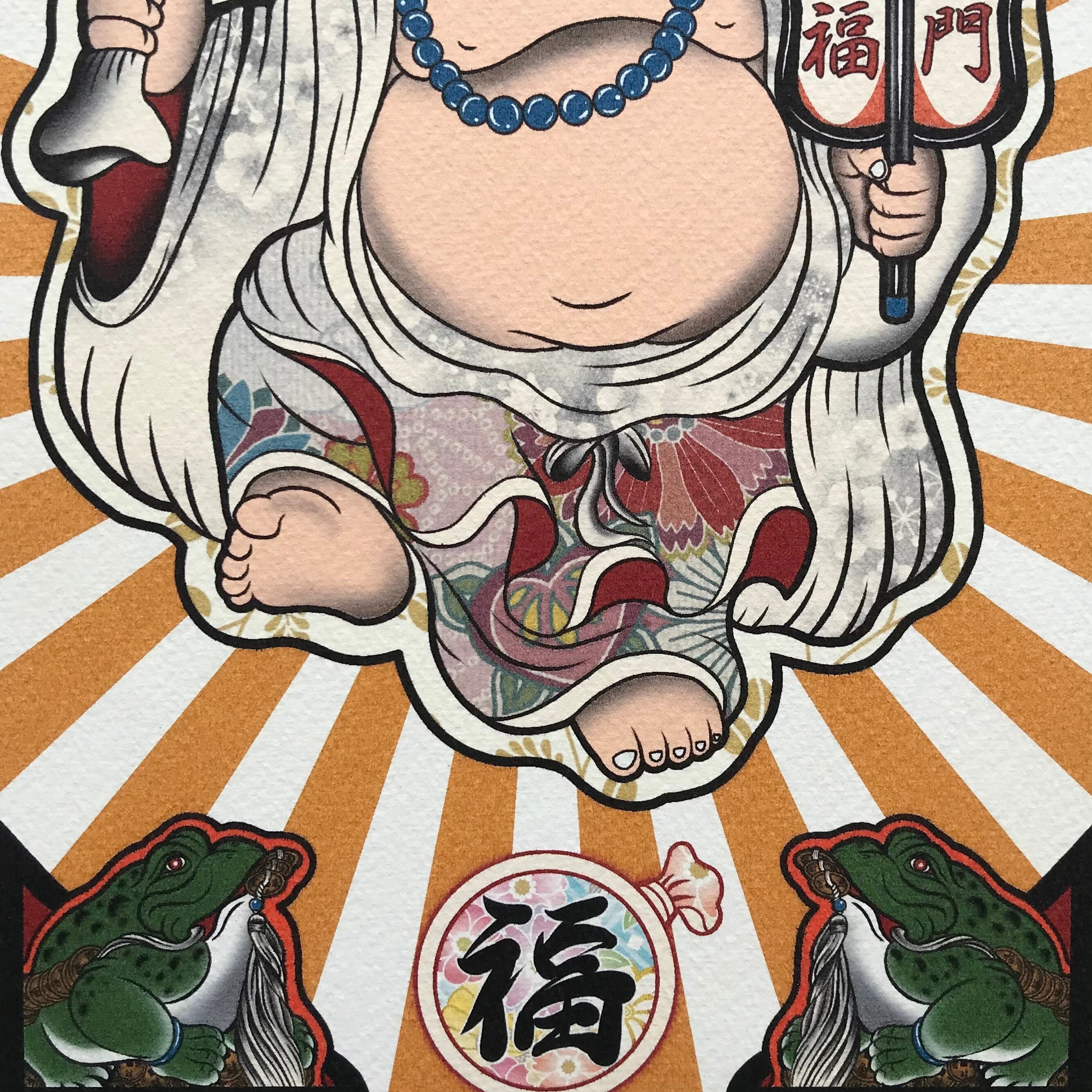 尾九 開運イラスト 七福神 布袋尊 笑門来福 軍配 A4サイズ フレーム