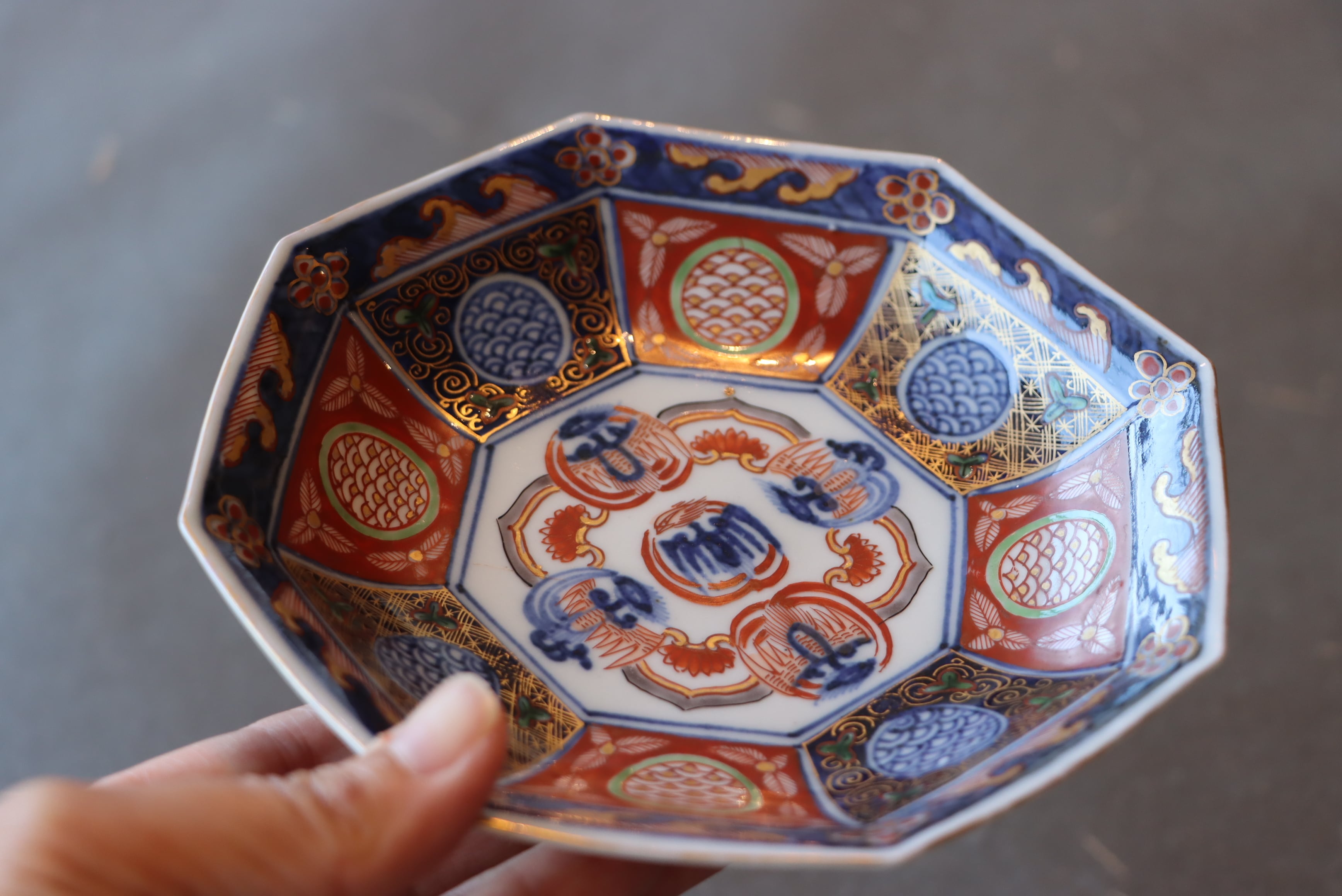 大珍品❗】明治時代 大聖寺伊万里 金彩色絵 韃靼人に南蛮船図 六角形小