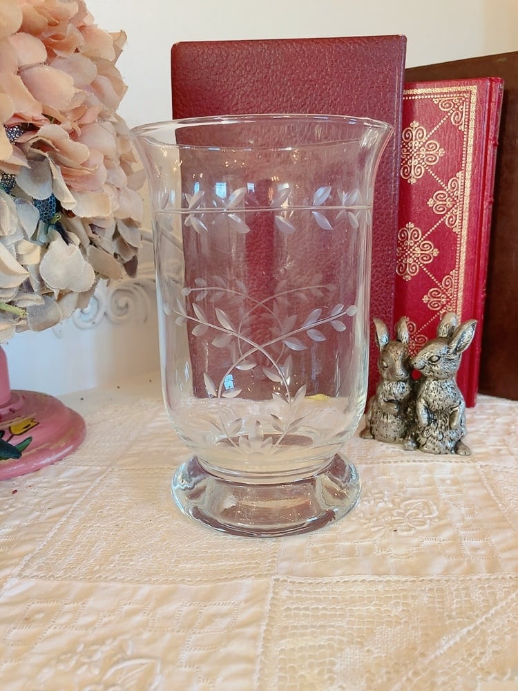 ボヘミアグラス クリスタルガラス フラワーベース 花柄彫刻 約20cm