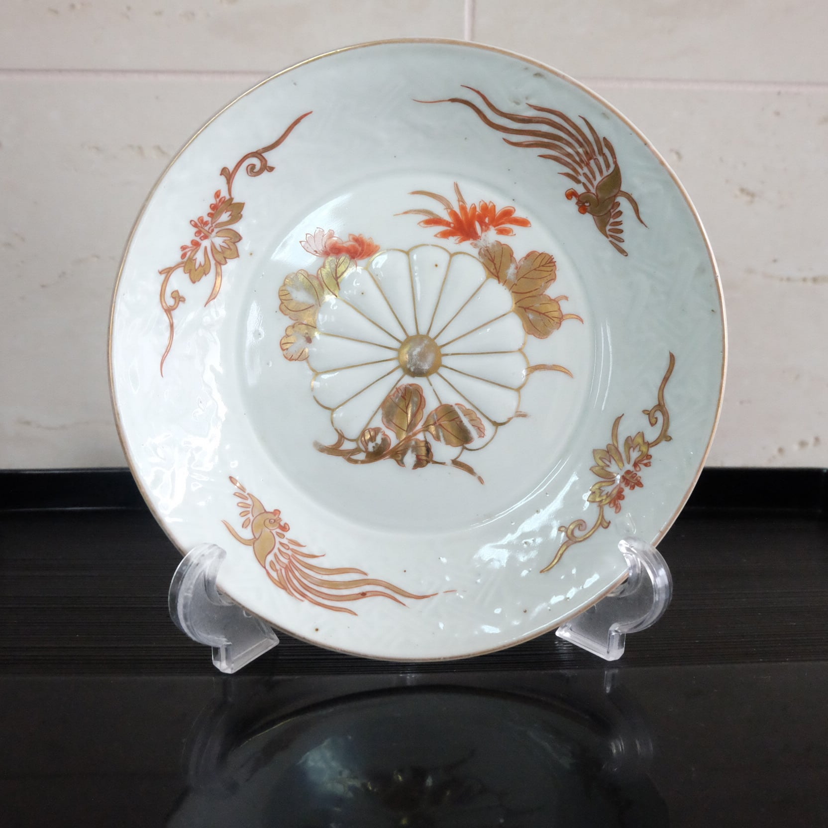 錦桐鳳凰五寸皿 鳳凰皿 輪花型 変形皿 色絵付 古