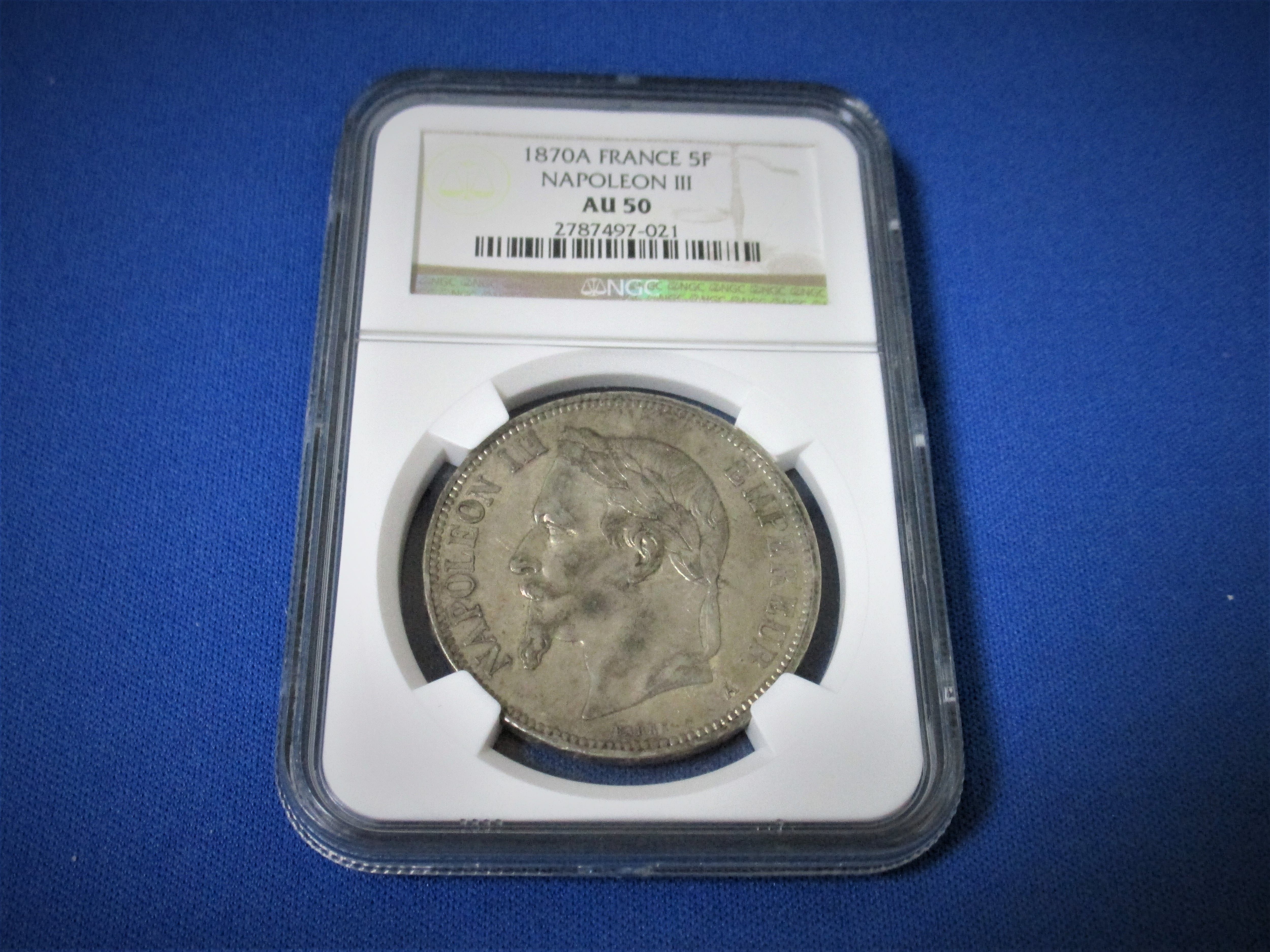 フランス 1870年A ナポレオン3世 月桂冠 5フラン銀貨【NGC AU50