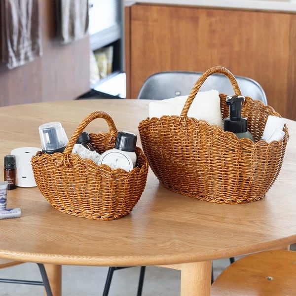 円形ラタンボックス 蓋付き 手織り 多目的 籐トレイ 11インチ