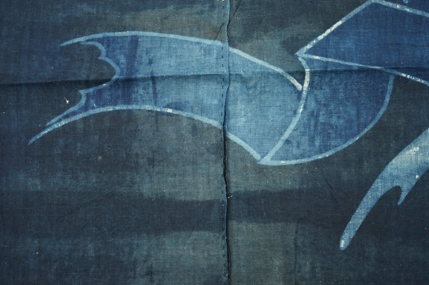 396 筒描き 布団地 熨斗柄 藍染木綿 藍無地古布 生地 リメイク素材