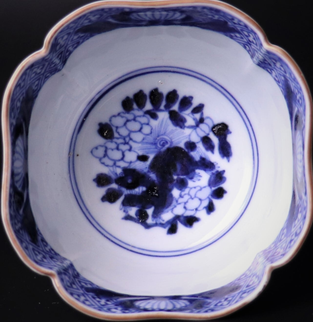 大聖寺古伊万里 菊花四方襷紋に獅子の図 四方角向付 E508AS-CRw 大聖寺