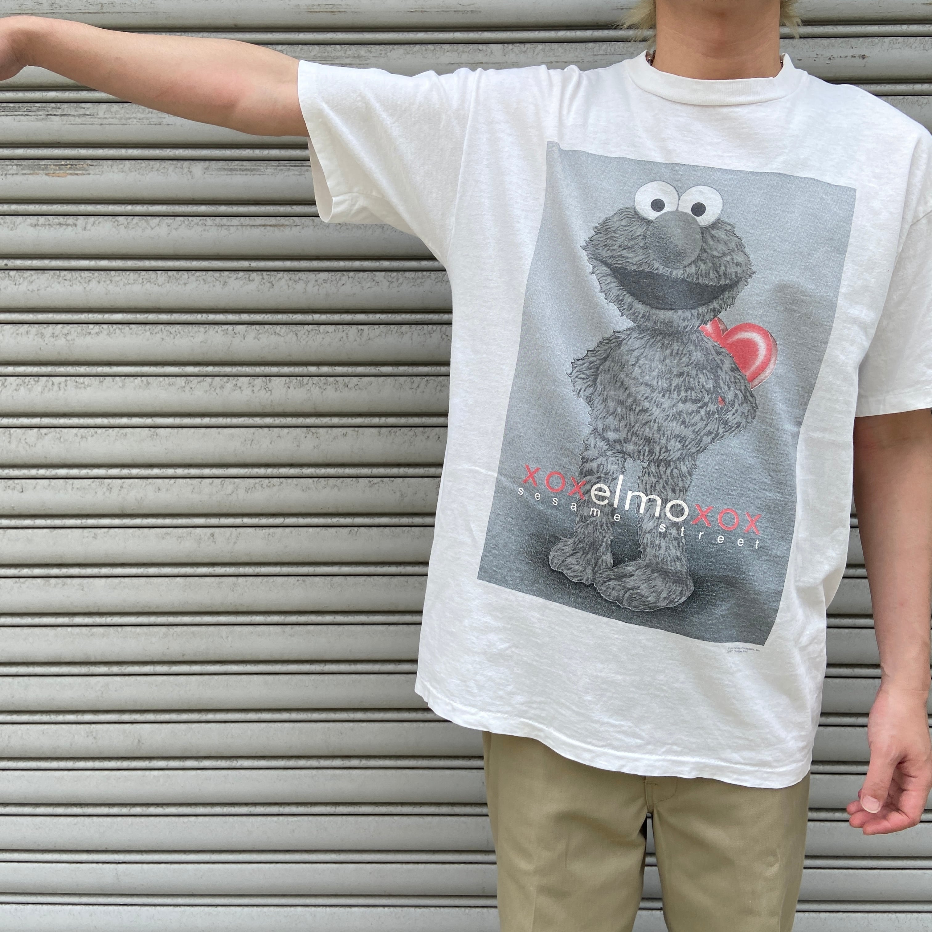 90s USA製 セサミストリート エルモ キャラクターt プリントt 白 L