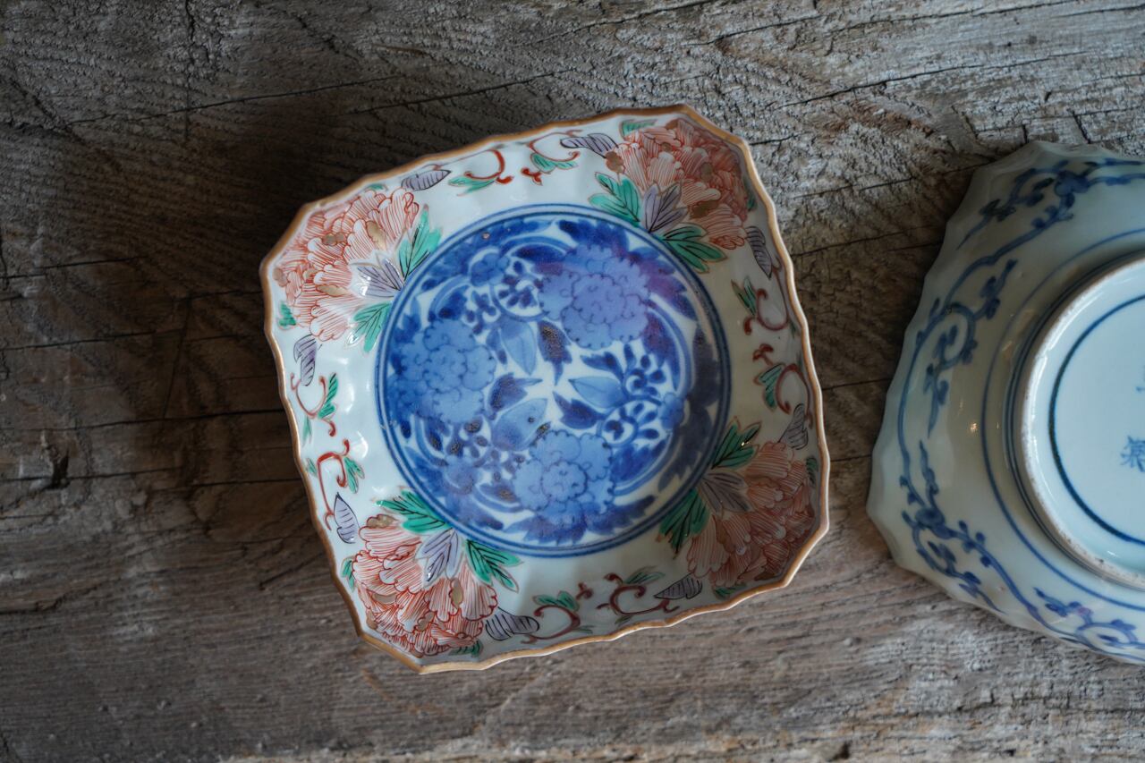 向付 2客 梅 菊 金彩 色絵付 貫入 窯傷 その2 【公式通販】