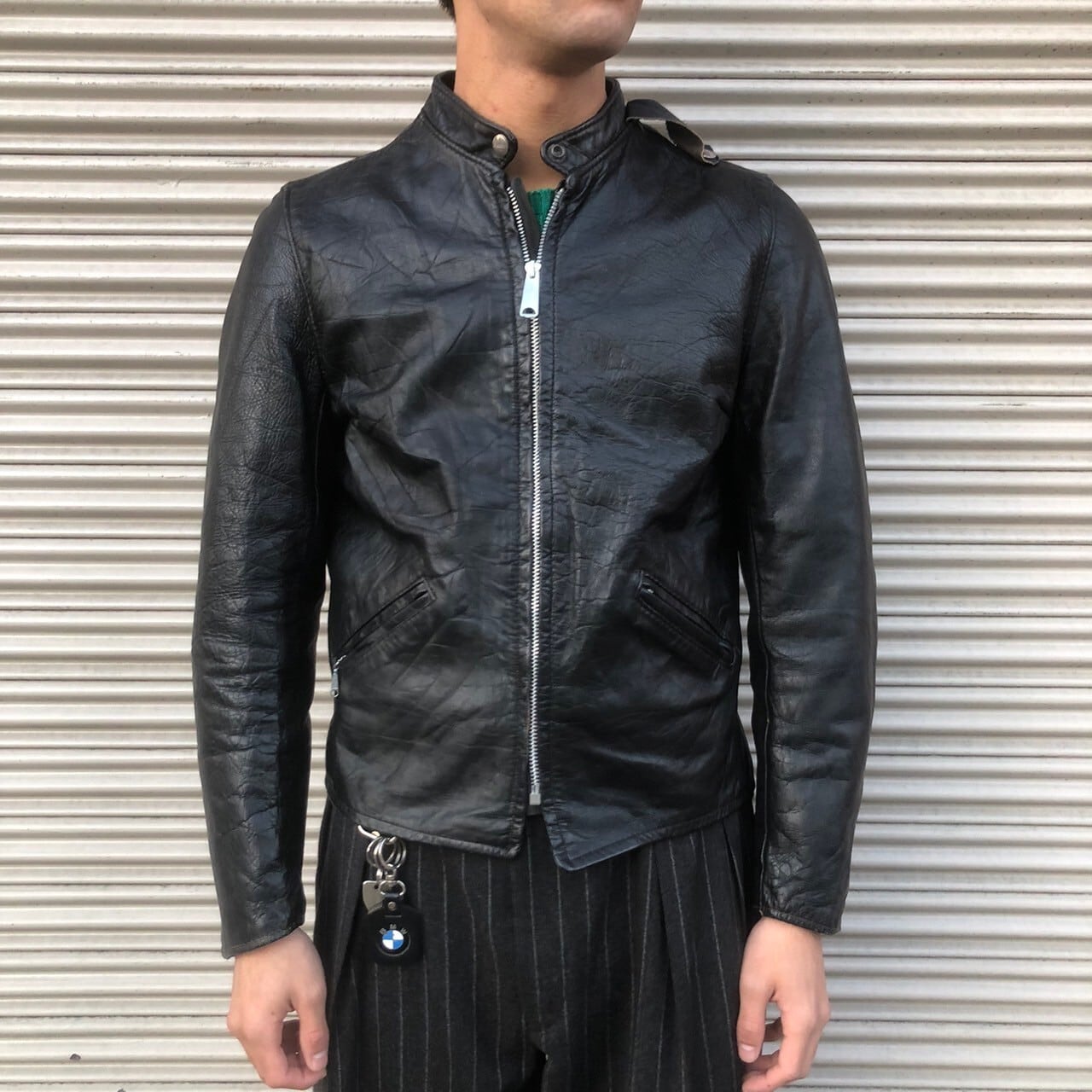 Vintage レザー ジャケット ブラック 黒 短丈 ヴィンテージ リブジャン