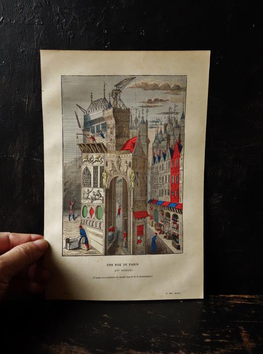 フランスアンティーク 1800年代の色刷り木版画 15世紀のパリ