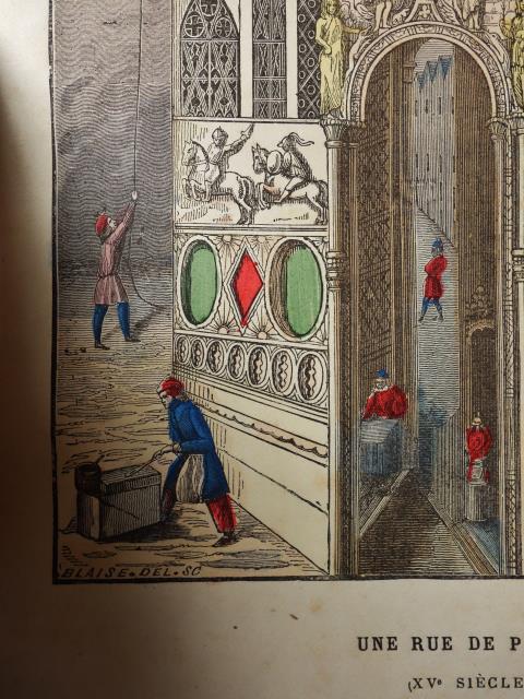 フランスアンティーク 1800年代の色刷り木版画 15世紀のパリ