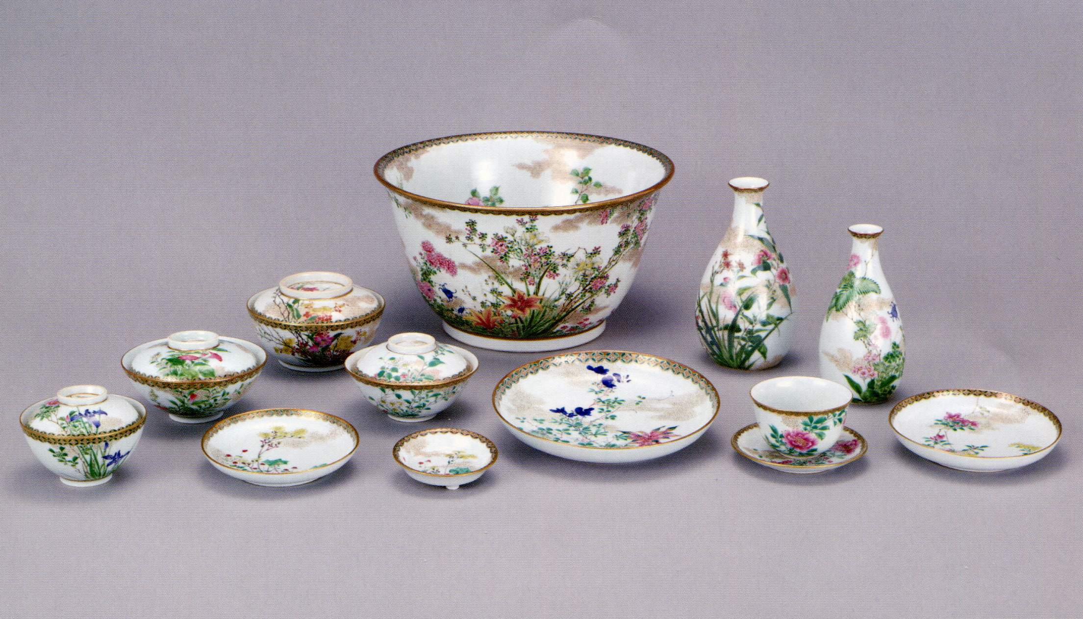 京焼「初代 幹山伝七」作 藍繪深皿20客（裏印「大日本幹山製」） 京