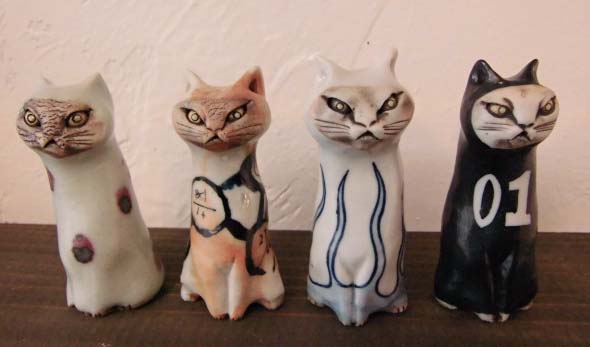 岡山富男 作家の手作り陶器 猫の置物 セット 岡山富男 作家の手作り