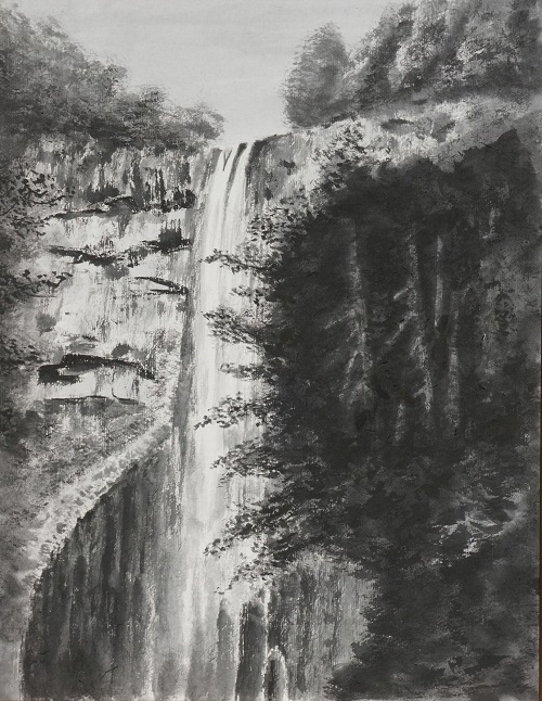 水墨画 滝と森林 木製フレーム付き 水墨画 滝と森林 木製フレーム付き