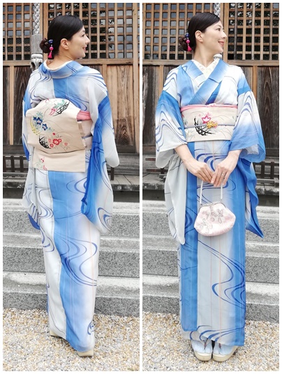 洗える着物 袷着物単品 「縞更紗 水色」 KIMONOMACHI オリジナル