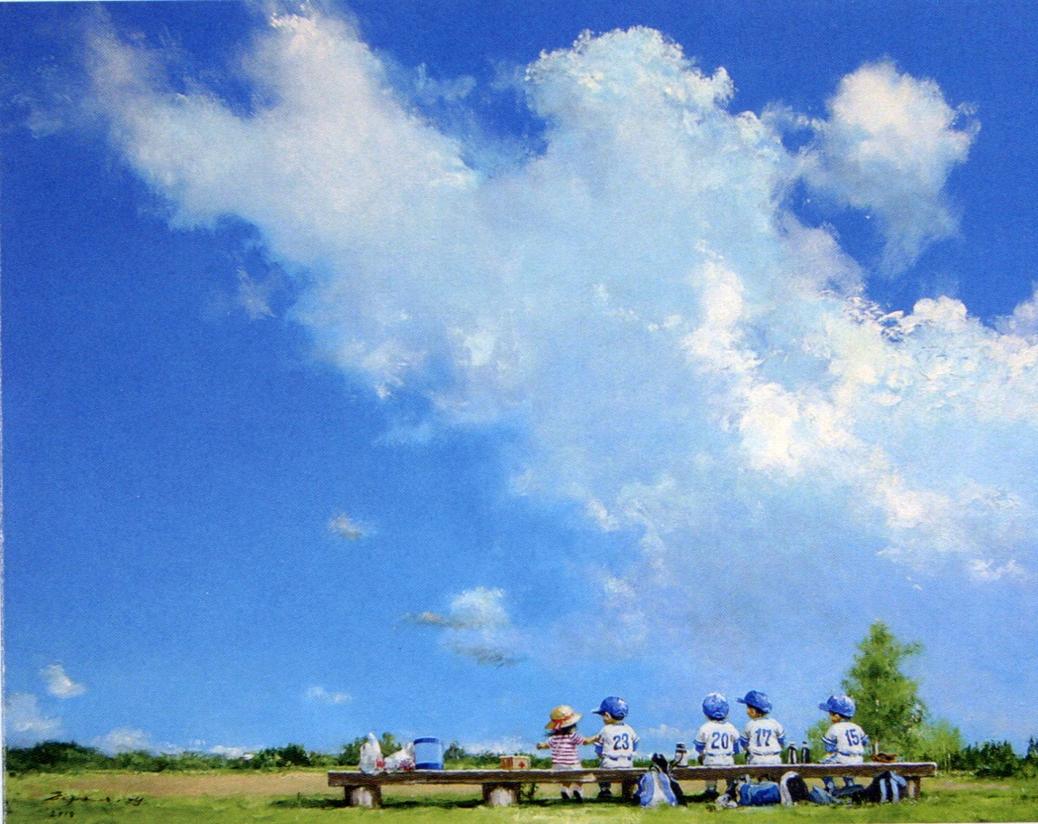 真作 希少油彩画出番のないベンチ（代打-17） 超人気作家「櫻井