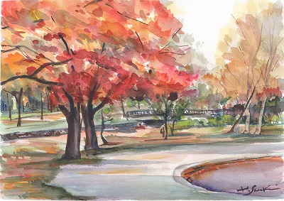 水彩画・風景画・紅葉'長野県のある秋の風景 水彩画・風景画・紅葉'長野