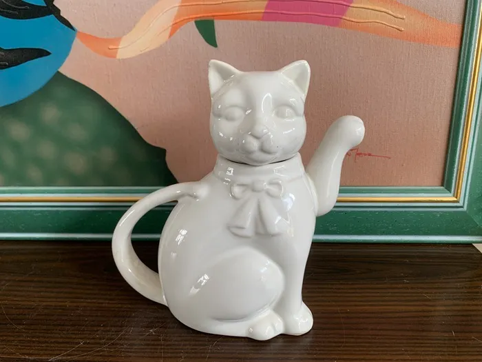 フランス 70s 猫 陶器 白 コーヒーポット ティーポット ヴィンテージ