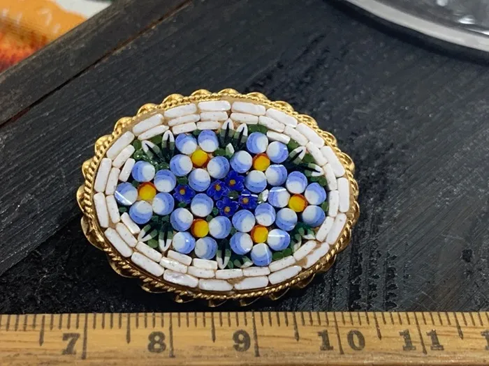イタリア 40s ブローチ マイクロモザイク ガラス ブルー ヴィンテージ