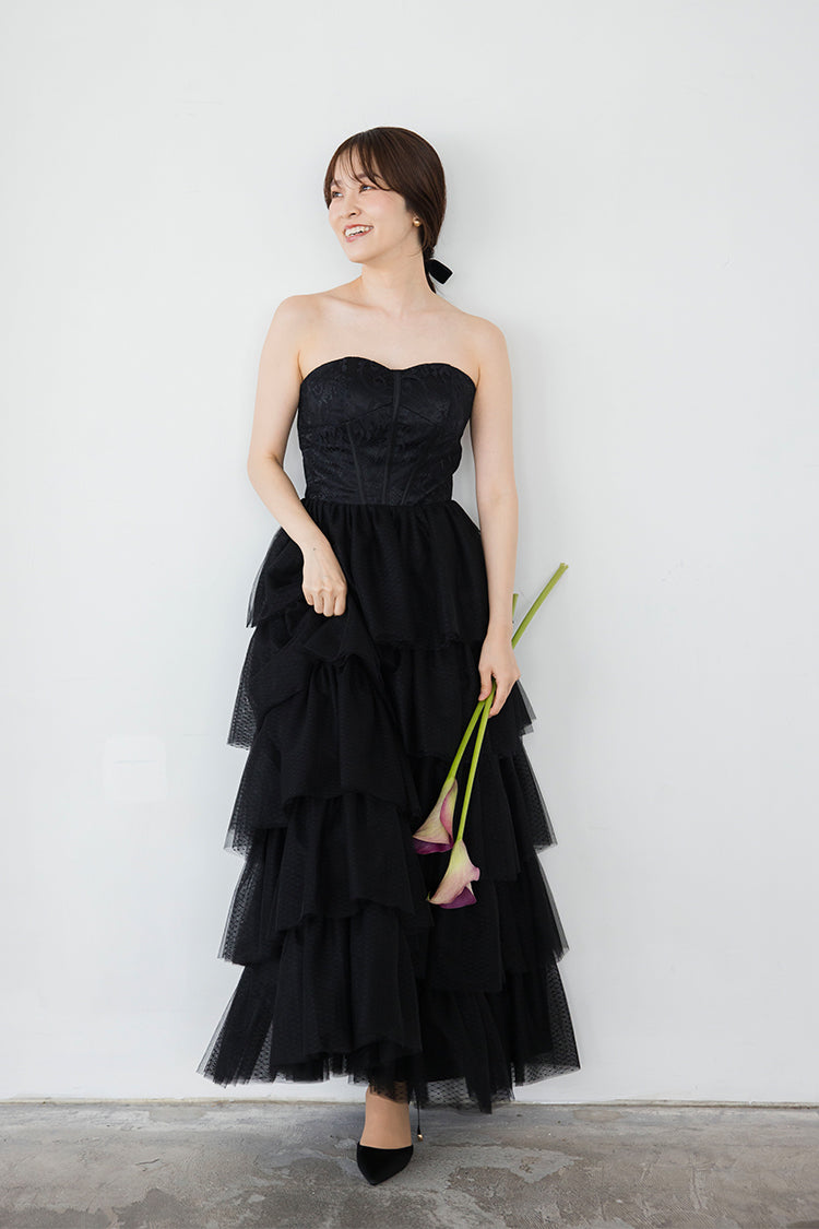 wd651vt】選べる2スタイル レースティアードスカートブラックドレス