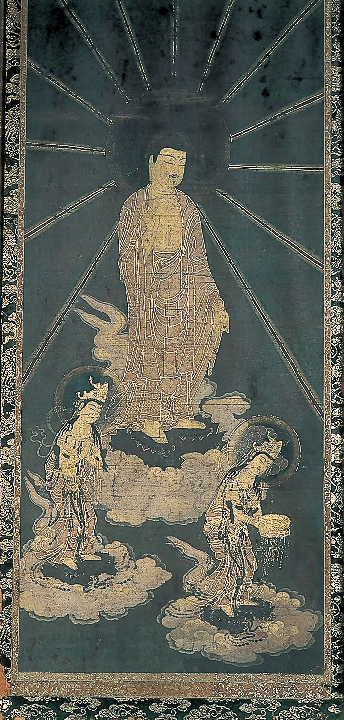 鎌倉時代阿弥陀三尊来迎図 鎌倉時代阿弥陀三尊来迎図 絹本著色阿弥陀三