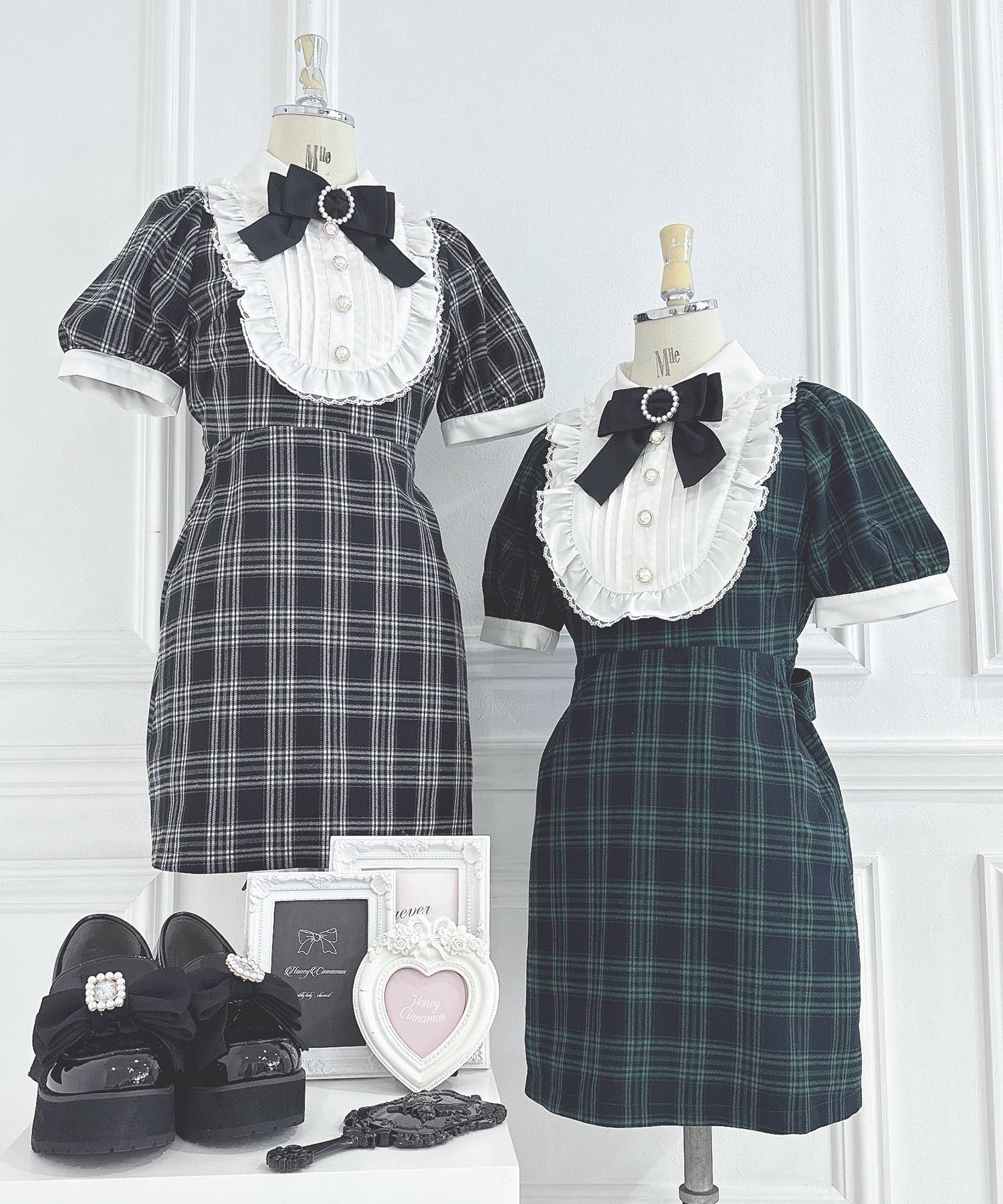 ハンドメイド ネイビーミックスチェック フリルワンピース