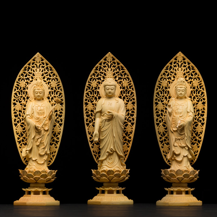 仏像専門店 仏像屋 / 天然ツゲ 黄楊 柘植 木彫り彫刻阿弥陀三尊像