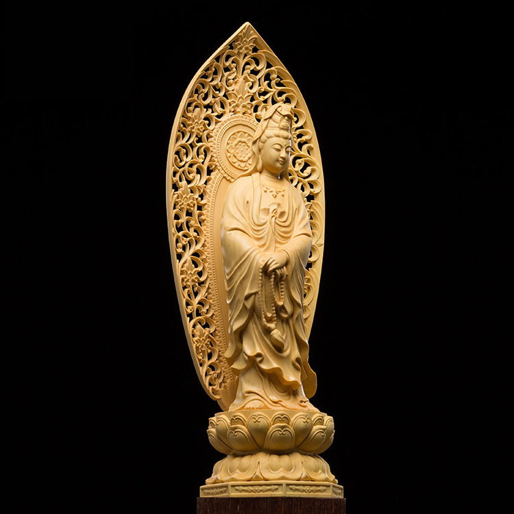 仏像専門店 仏像屋 / 天然ツゲ 黄楊 柘植 木彫り彫刻観音像 光背観音