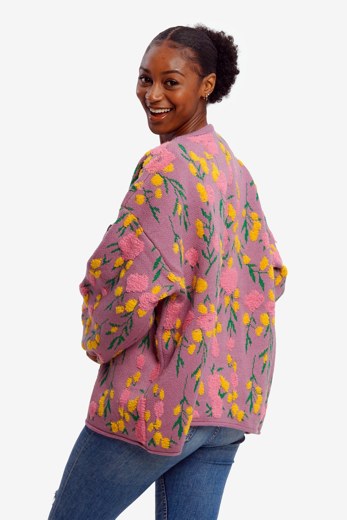 Violet Fantasy Cardigan | Deep Purple Knit with Pink & Yellow