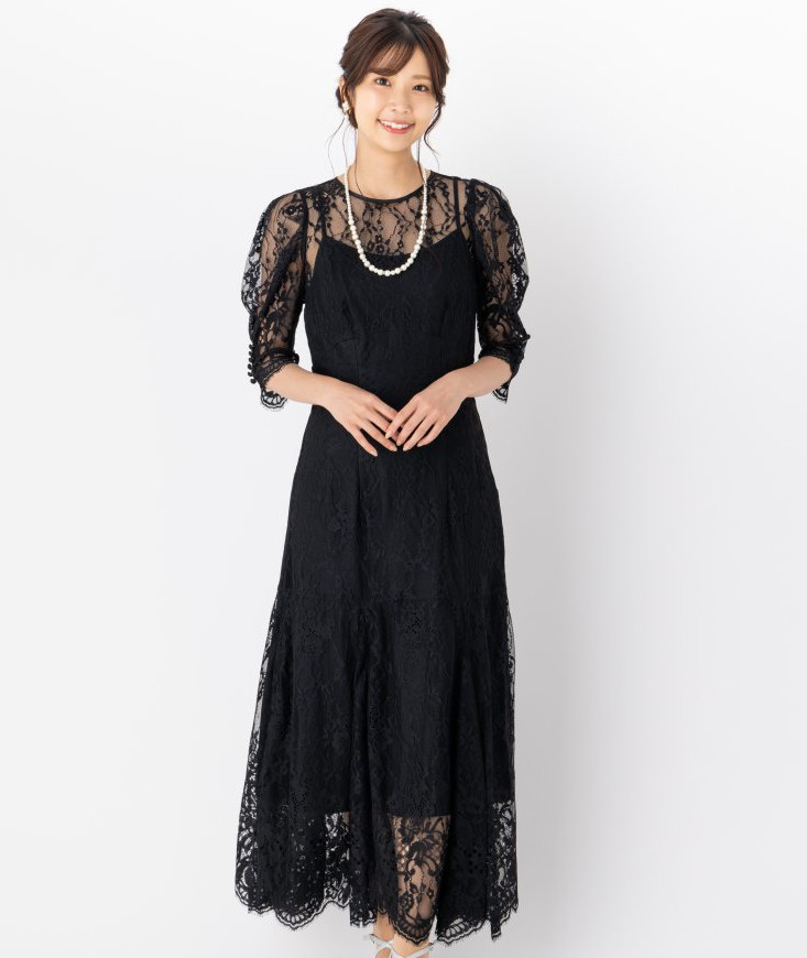 SNIDEL スナイデル ボリュームフレアレースドッキングドレス ブラック