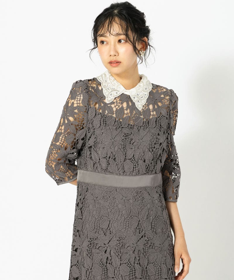 Leja レジャ 花柄レースビジューカラーAラインドレス グレー系 | 結婚