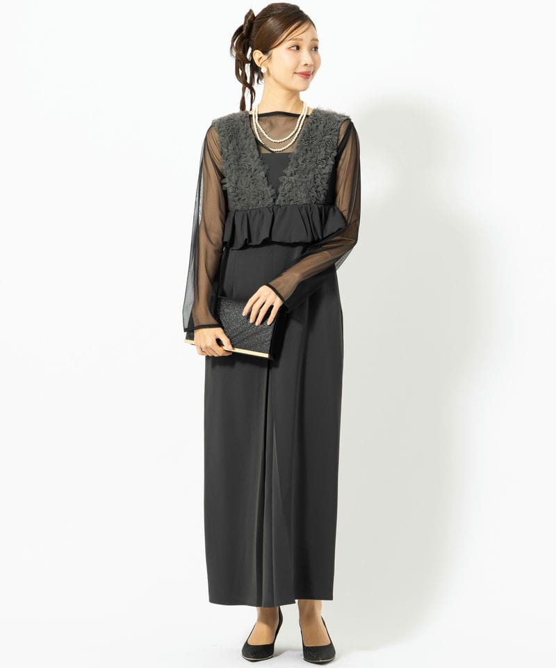 SNIDEL スナイデル シフォンフリルレースドレス ブラック系 | 結婚式