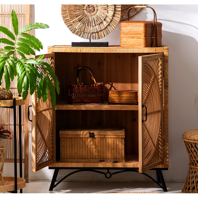 キャビネット サイドボード タンス ラタン デザイン扉 収納 天然木