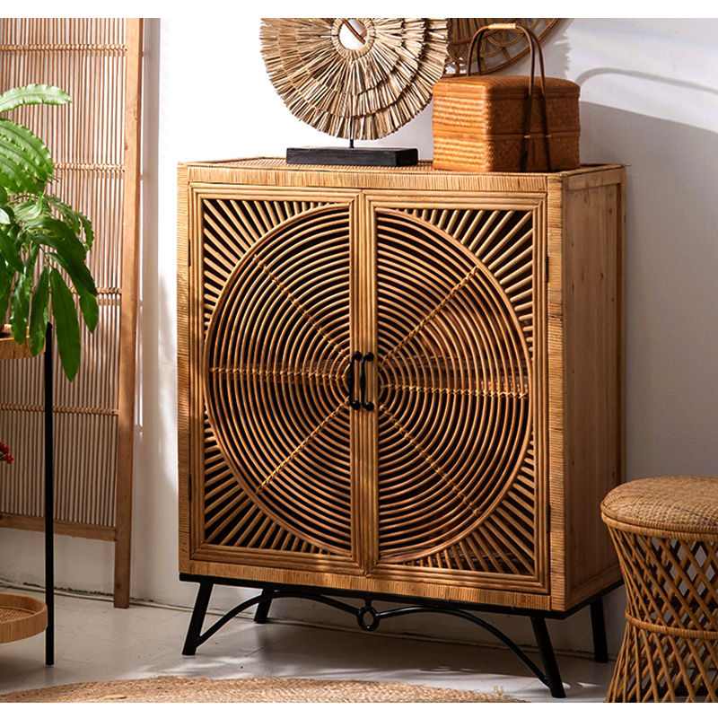 キャビネット サイドボード タンス ラタン デザイン扉 収納 天然木