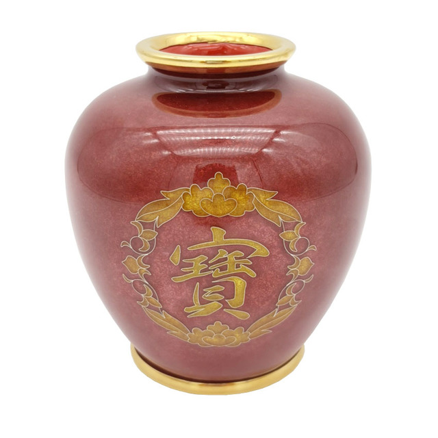 七宝焼 岡田泉作 赤透釉 梅文瓶 花瓶 唐木台付 共箱 V 9133 七宝焼