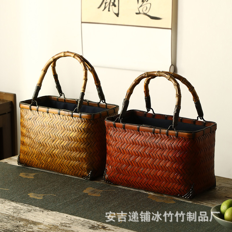 竹製編み込みバッグ タッセル付き 収納かご 手作り 四ツ目編みバッグ