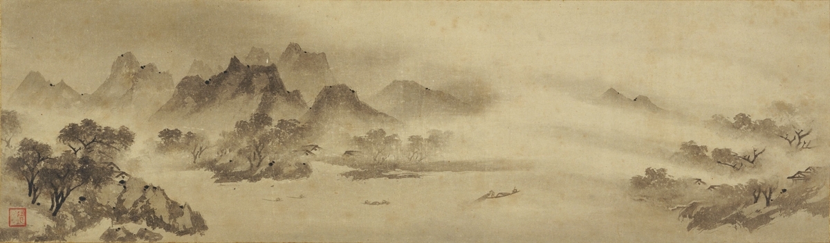 紙本水墨画賛 【室町期】 水墨画に僧 三名賛 共箱 軸先