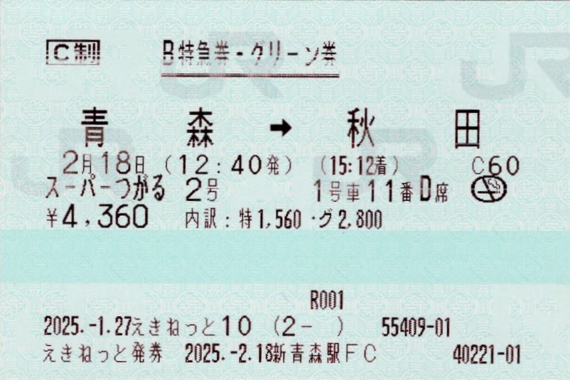 本日の使用切符：JR東日本 二宮駅発行 えきねっと発券 スーパーつがる2