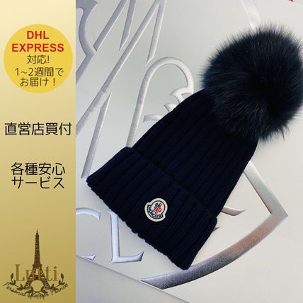 モンクレールブラック ニット帽 ファー付き