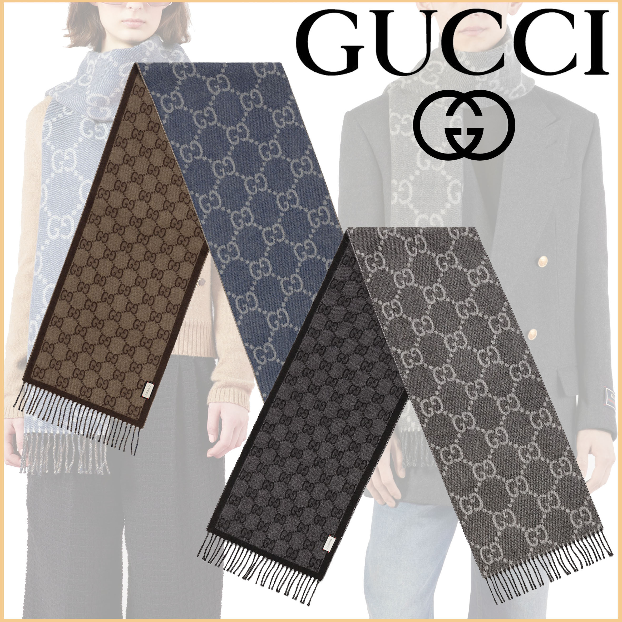 GUCCI☆ タッセル付 GGジャカード ニット スカーフ ユニセックス